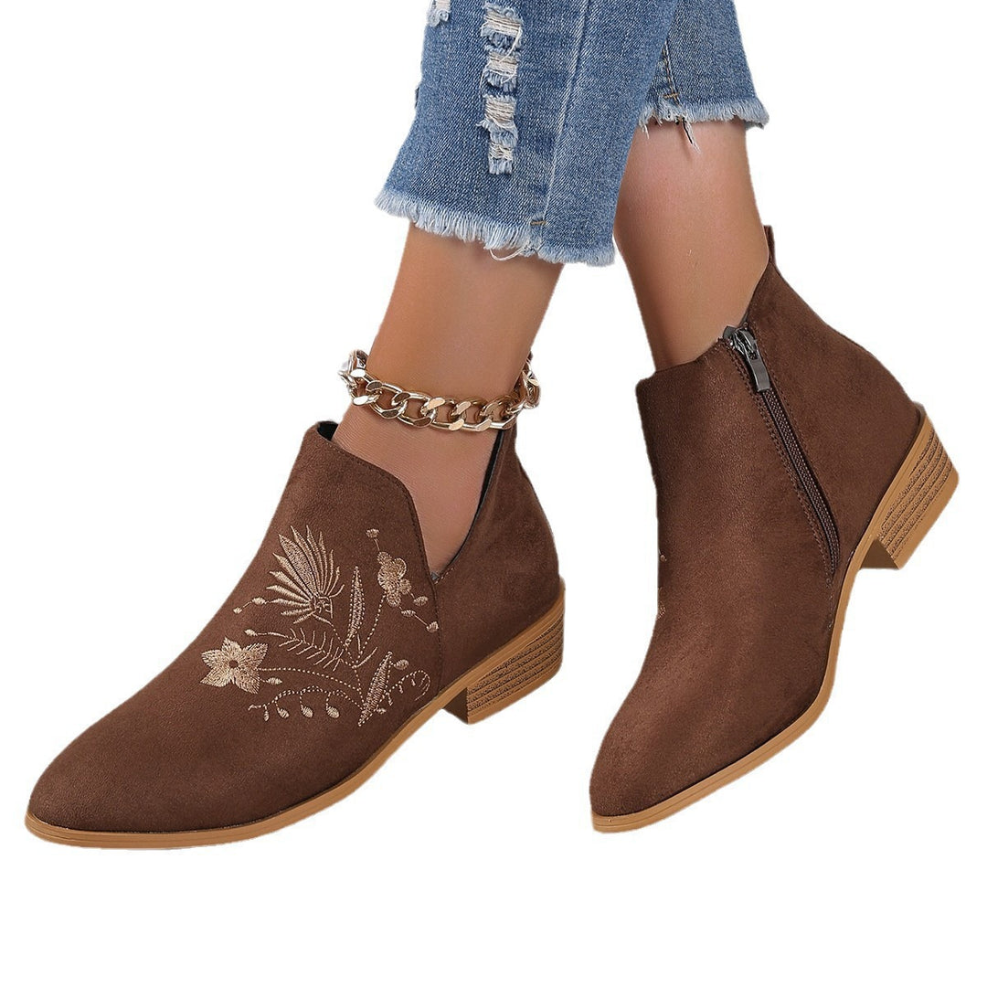 Women Embroidered Ankle Boots with V-Cut and Side Zipper Mune Fashion