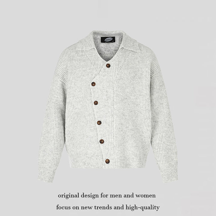 Ladies oversized cardigan with asymmetrical button placket and shirt collar Mune Fashion