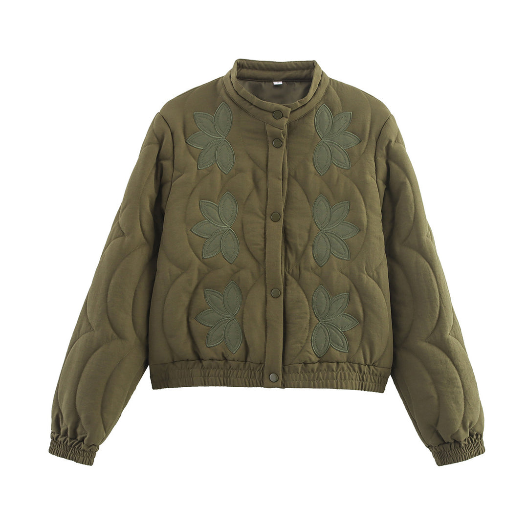 Women Short Cut Padded Jacket with Floral Appliqués and Elastic Hem Mune Fashion