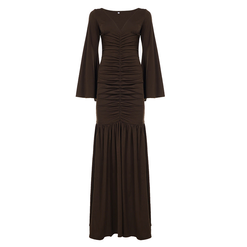 Women’s gathered maxi dress with V-neck, trumpet sleeves, and tiered ruffle Mune Fashion