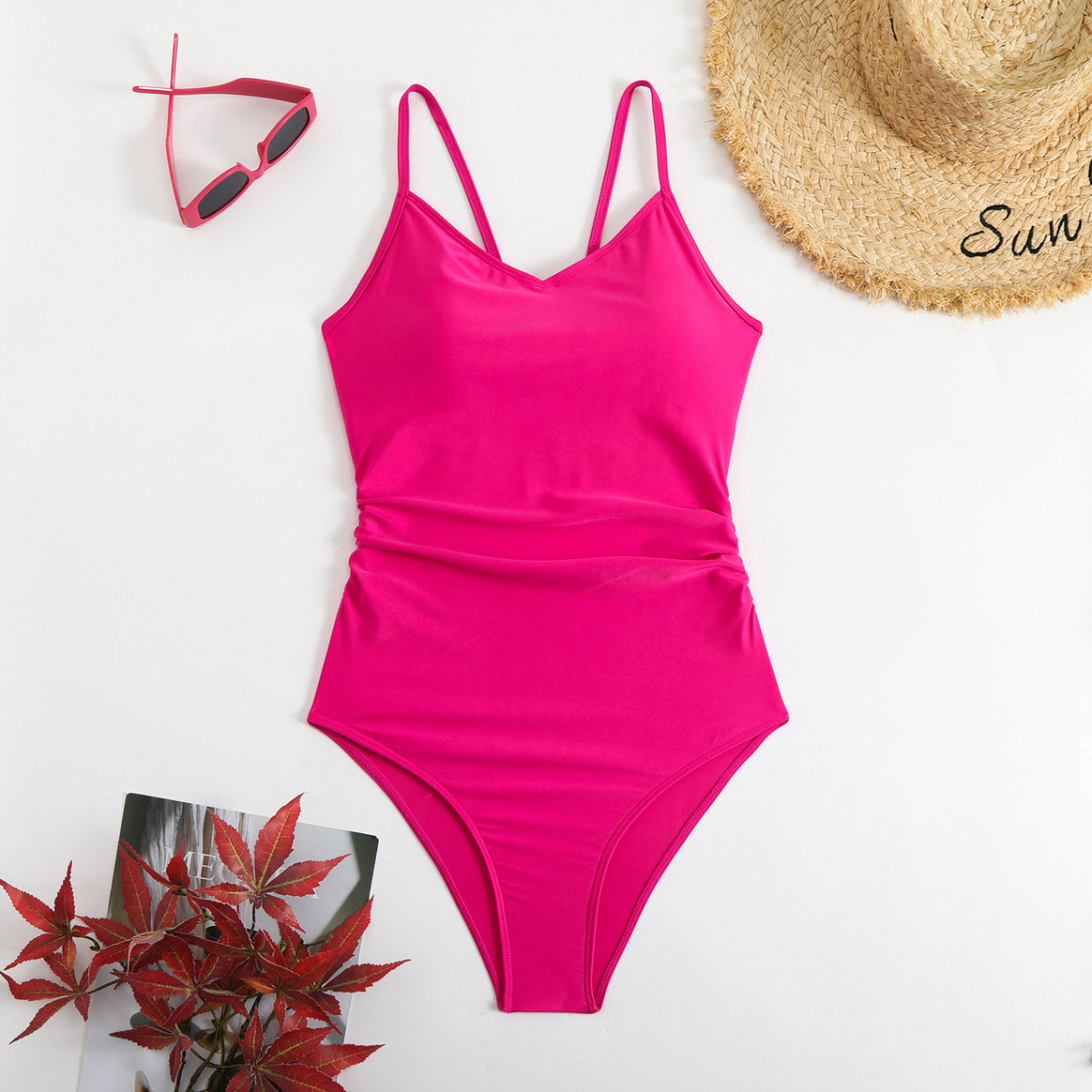 Women’s one-piece swimsuit with stylish ruched top and adjustable spaghetti straps Mune Fashion