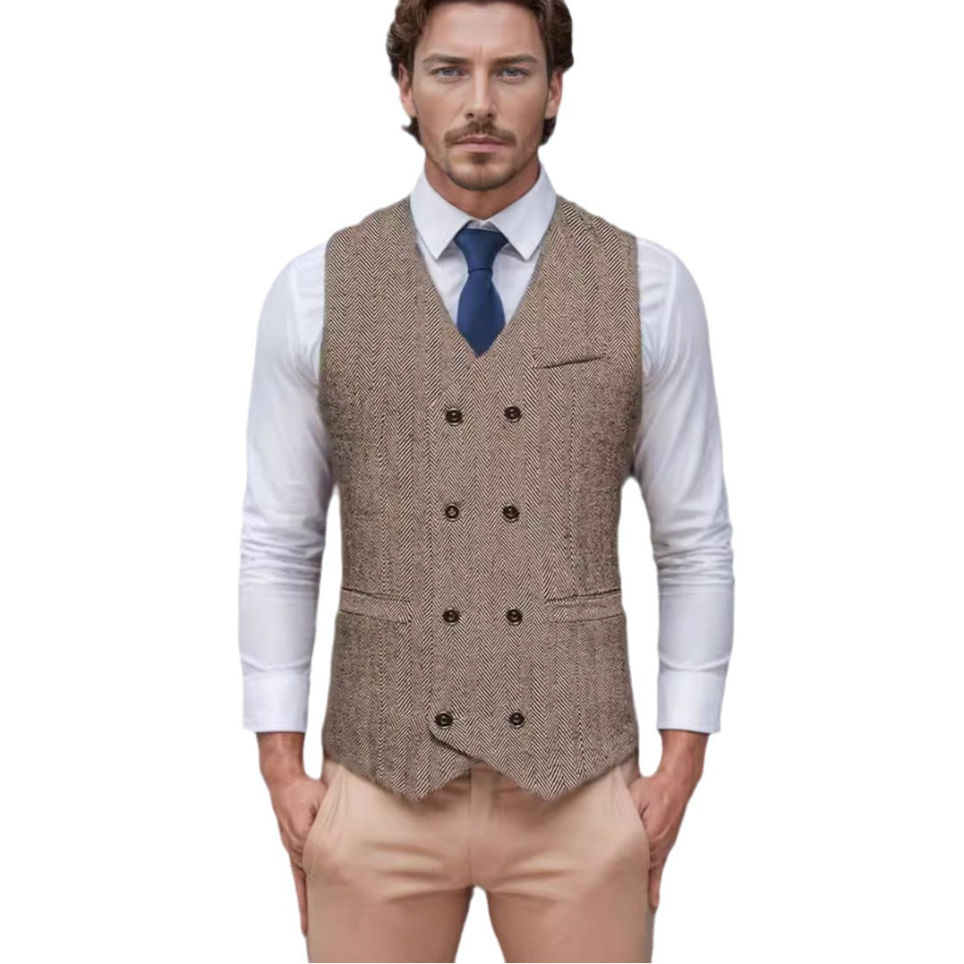 Men's Double-Breasted Herringbone Vest with Suit Look and V-Neck Mune Fashion