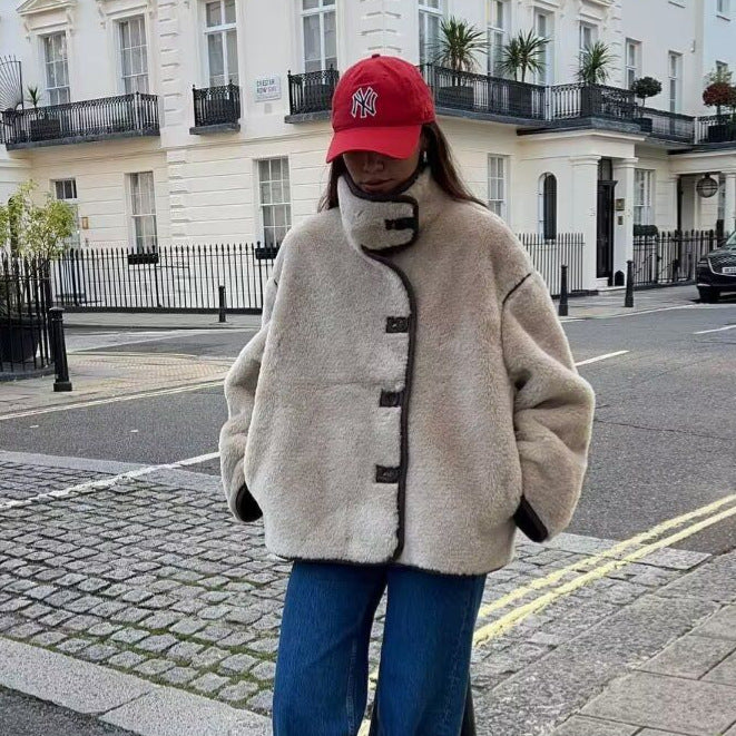 Women's Short Cropped Oversized Teddy Coat with Stand Collar and Contrast Piping Mune Fashion