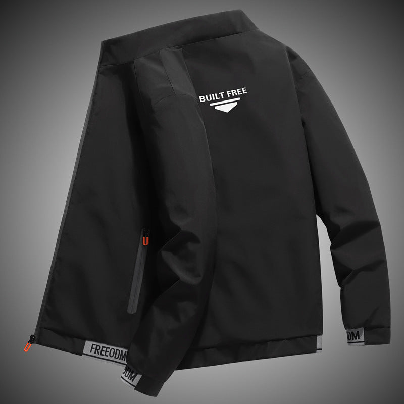 Men's lightweight windproof leisure jacket with logo print, zip pockets, and elastic hem Mune Fashion