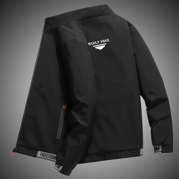 Men's lightweight windproof leisure jacket with logo print, zip pockets, and elastic hem Mune Fashion