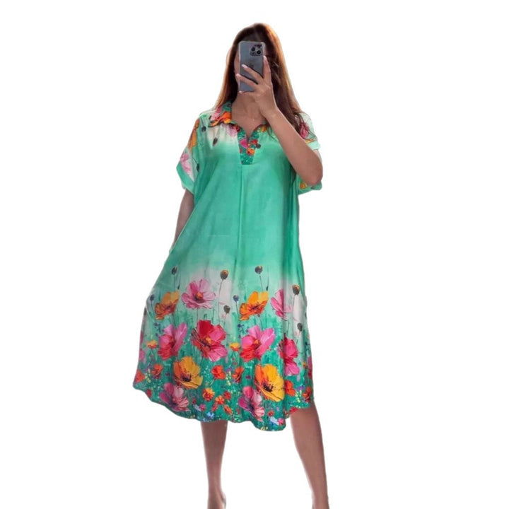 Women's lightweight shirt dress with floral border print, open V-neck and side pockets Mune Fashion