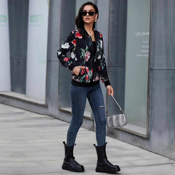 Women's floral bomber jacket with zipper, ribbed cuffs, and side pockets Mune Fashion
