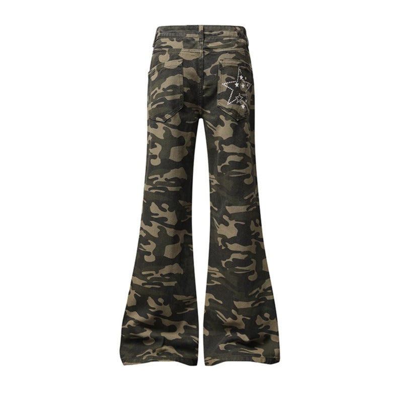 Women's Wide High-Waist Palazzo Jeans in Camouflage Print with Star and Text Applications, Flared Pants Mune Fashion