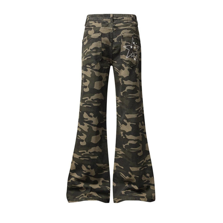 Women's Wide High-Waist Palazzo Jeans in Camouflage Print with Star and Text Applications, Flared Pants Mune Fashion