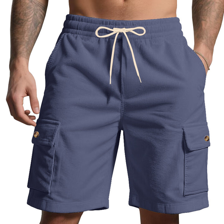 Men's cord cargo shorts with elastic drawstring waistband, patch cargo pockets, and soft cotton blend Mune Fashion