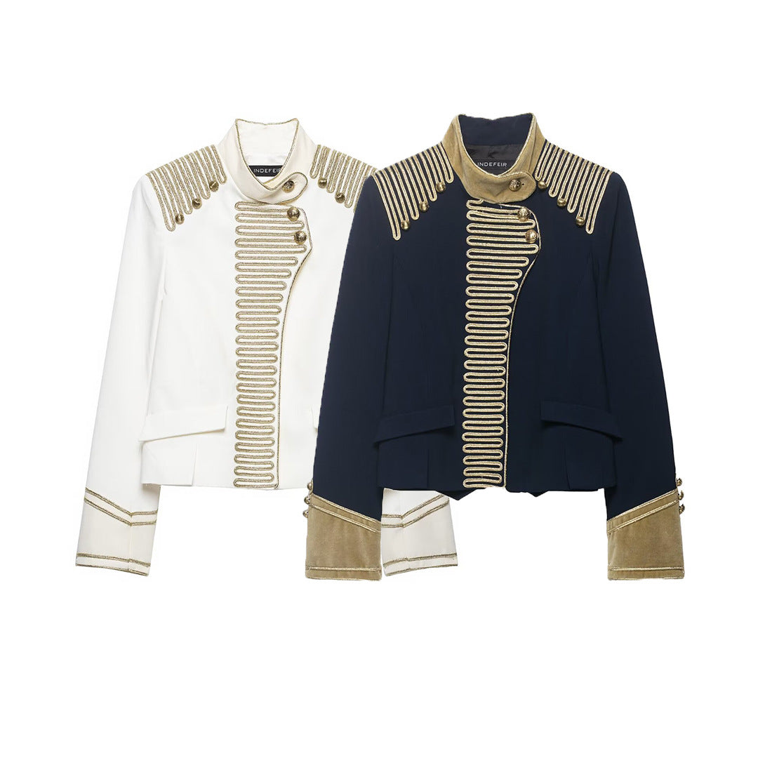 Ladies Military Inspired Short Jacket with Golden Cord Decoration and Velvet Cuffs Mune Fashion