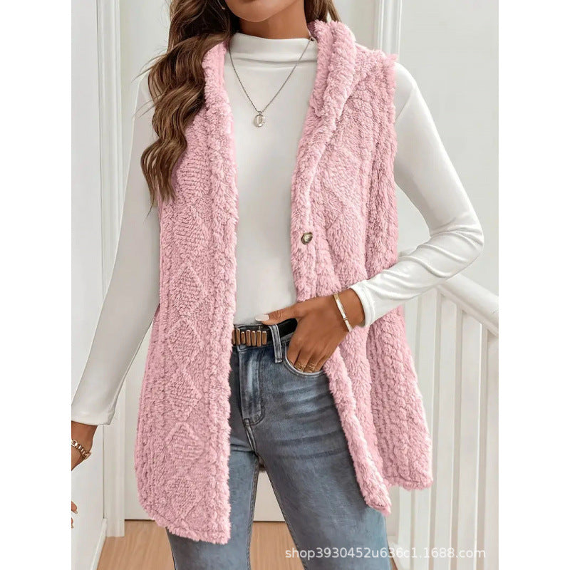 Women's Hooded Teddy Vest with Structured Cable Knit Pattern and Decorative Button Placket Mune Fashion