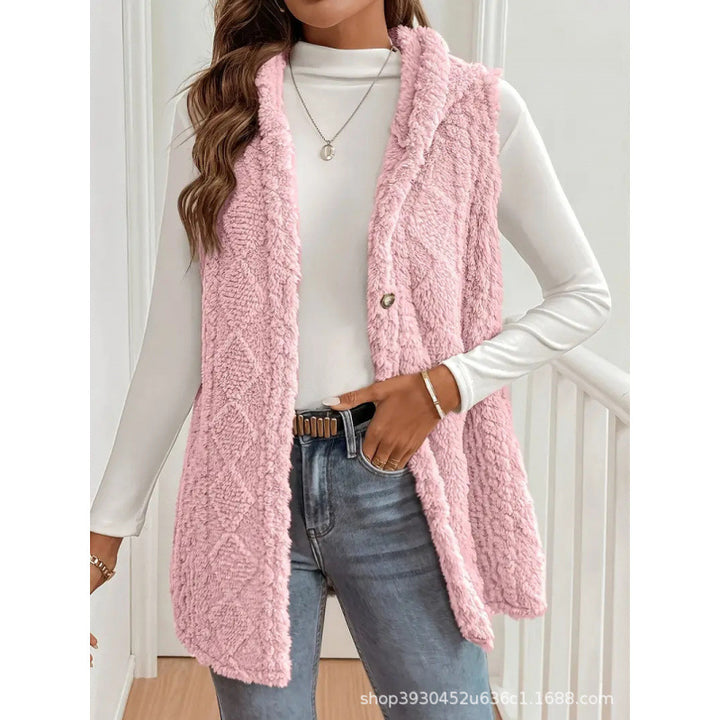 Women's Hooded Teddy Vest with Structured Cable Knit Pattern and Decorative Button Placket Mune Fashion