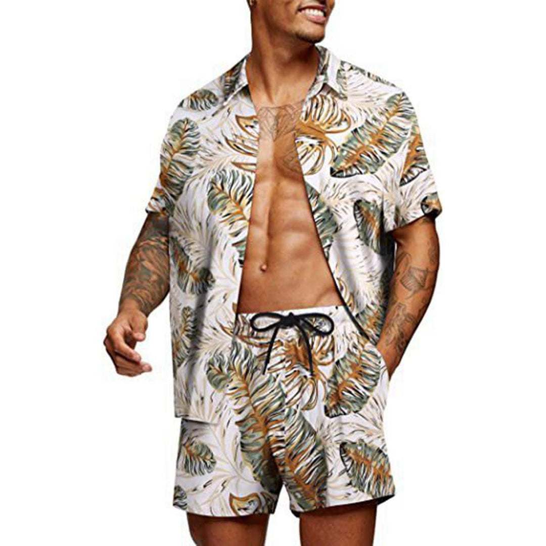 Men's tropical short sleeve shirt and swim shorts set with lapel collar, drawstring, and practical side pockets Mune Fashion