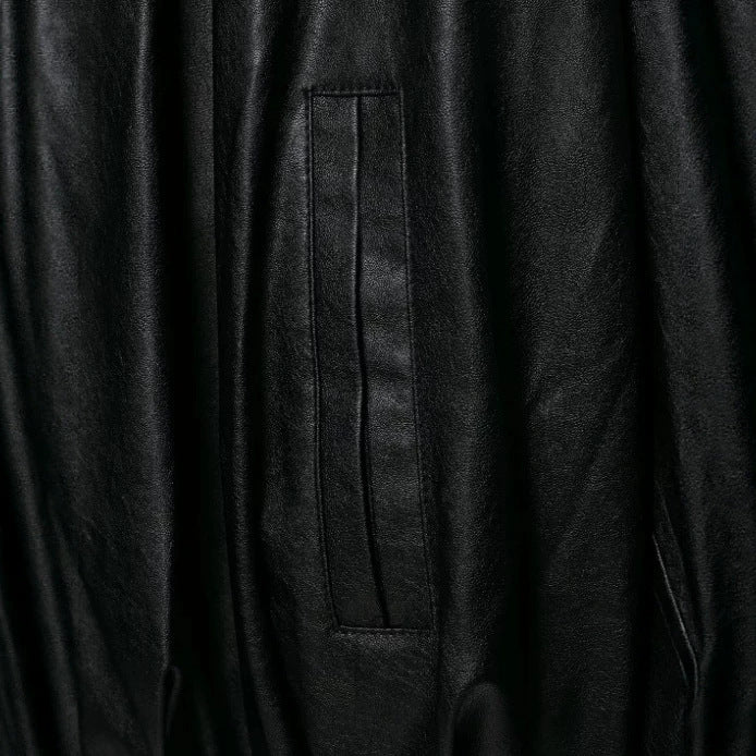 Women's Oversize Cropped Faux Leather Bomber Jacket with Round Neck and Elastic Hem Mune Fashion