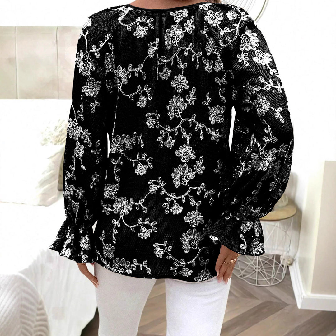 Women's V-Neck Blouse with Floral Embroidery, Pearl Button Placket and Balloon Sleeves Mune Fashion