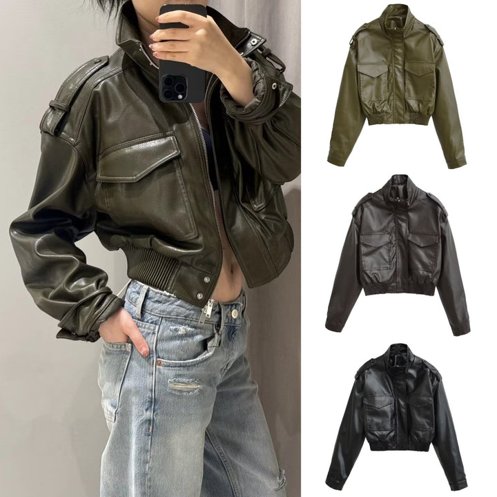 Women's Short PU Leather Bomber Jacket with High Stand-Up Collar, Flap Pockets and Shoulder Epaulettes Mune Fashion