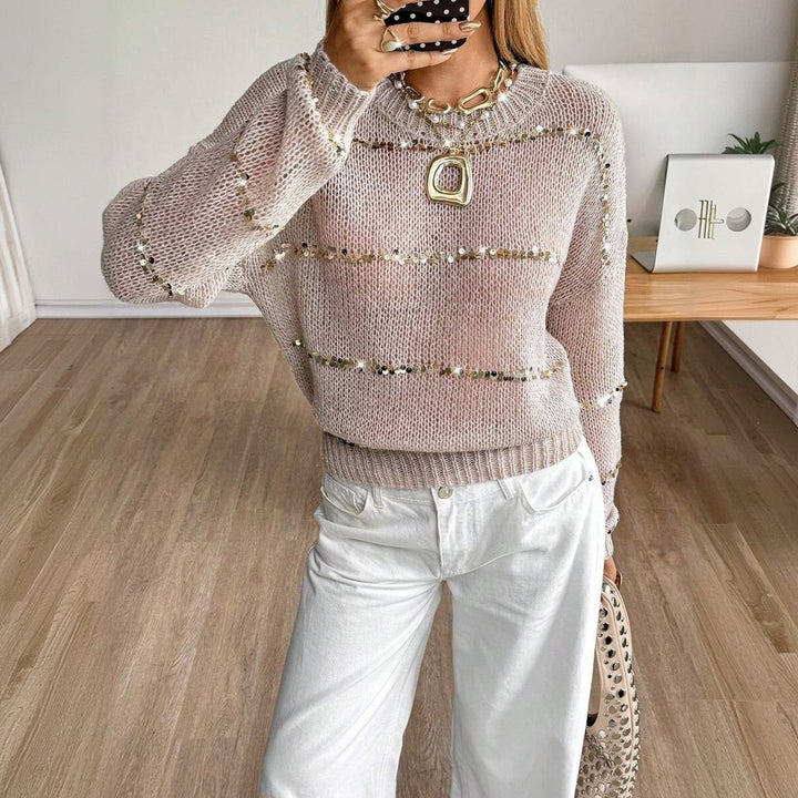 Ladies chunky knit sweater with sequin stripe, oversized fit & round neck Mune Fashion