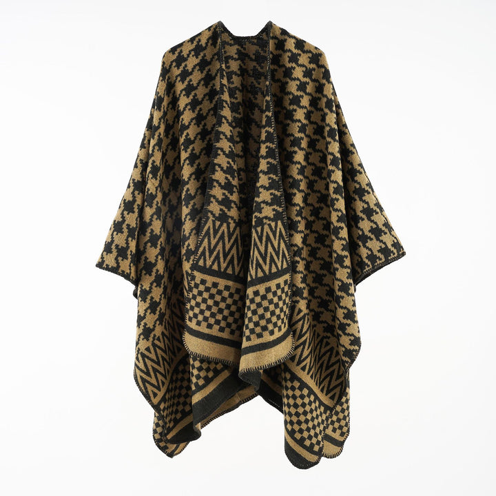 Women's Jacquard Cape Poncho with Houndstooth and Geometric Pattern Mune Fashion