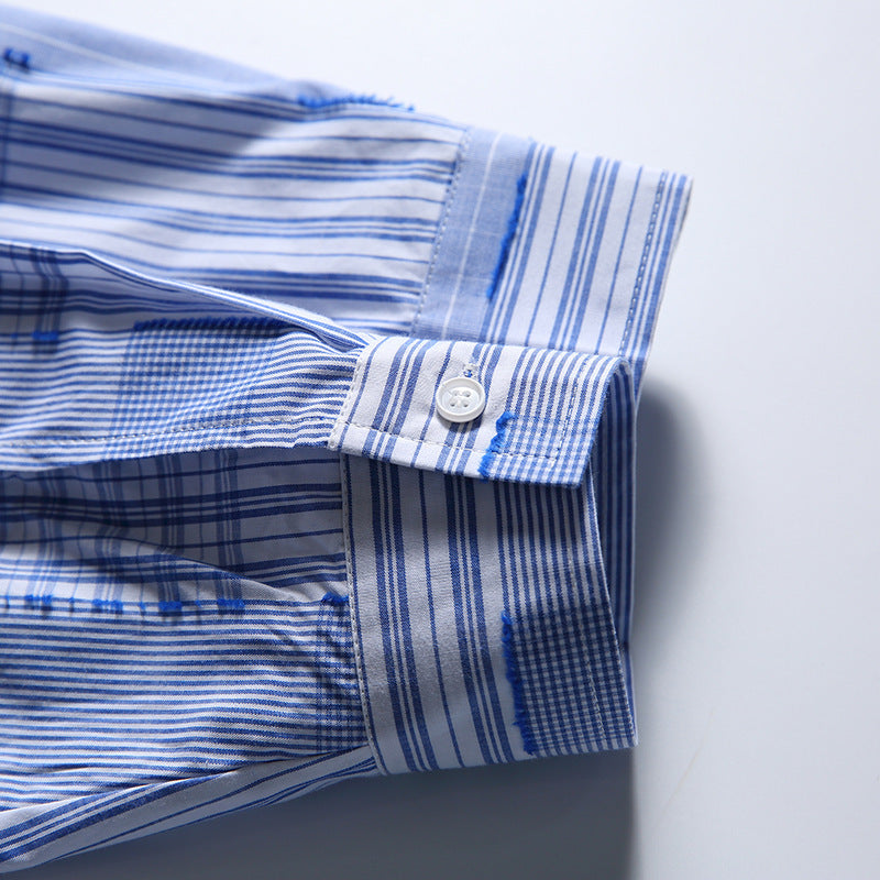 [Unisex] Oversize shirt in patchwork stripe mix with breast pocket and rounded hem Mune Fashion