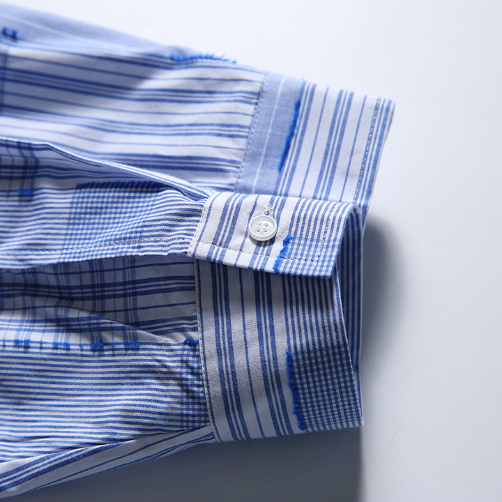 [Unisex] Oversize shirt in patchwork stripe mix with breast pocket and rounded hem Mune Fashion