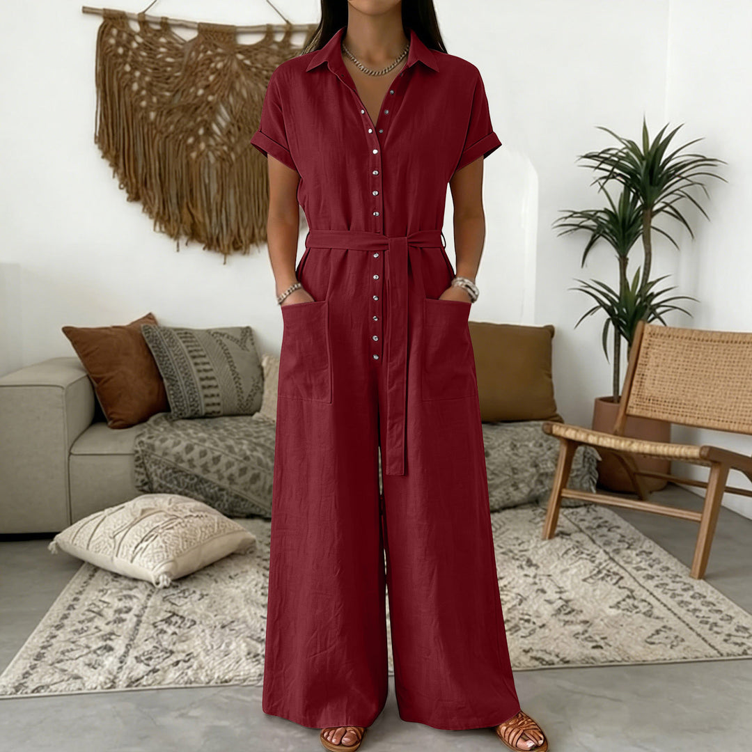 Women's Shirt Blouse Jumpsuit with Wide Leg, Patch Pockets and Tied Belt Mune Fashion