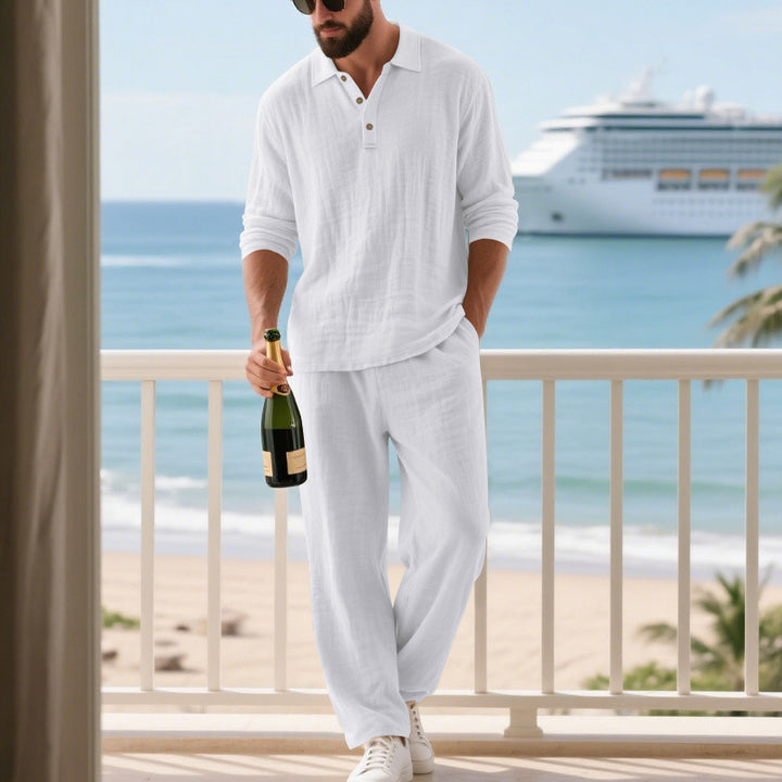 Men's relaxed cotton muslin resort set with polo collar button placket and wide comfort waistband Mune Fashion