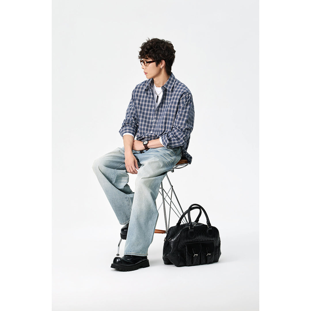 Men's Relaxed-Fit Check Shirt with Kent Collar, Curved Hem and Chest Pocket Mune Fashion