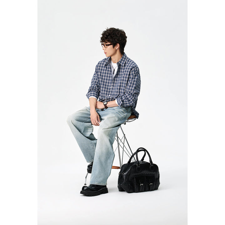 Men's Relaxed-Fit Check Shirt with Kent Collar, Curved Hem and Chest Pocket Mune Fashion