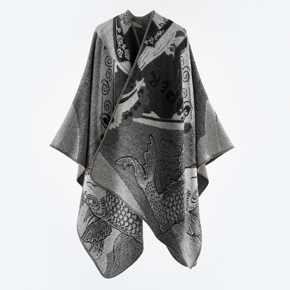 Women Jacquard Poncho with Fish Motif and Open Oversize Cut Mune Fashion