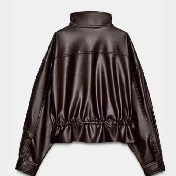 Women's Cropped Faux Leather Blouson with Stand Collar, Flap Pockets and Drawstring Waist Mune Fashion
