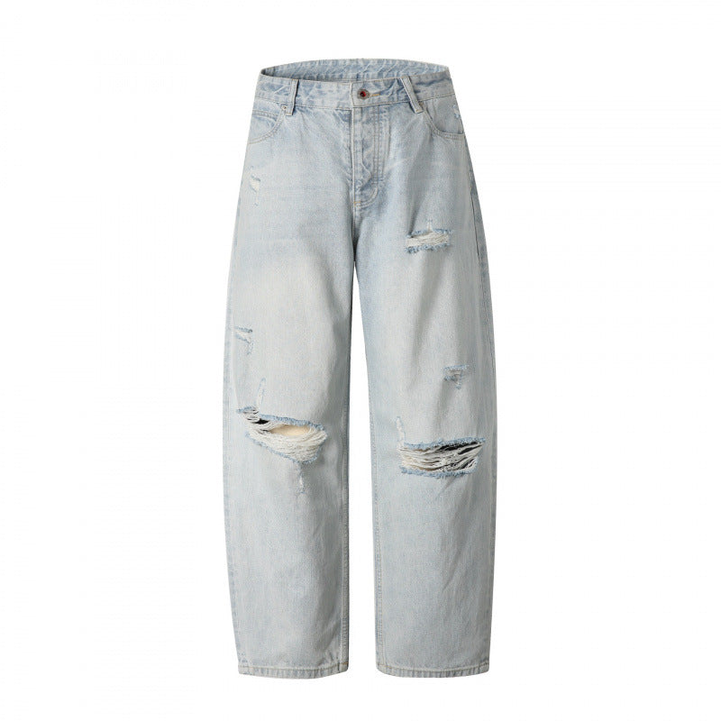 Ladies Baggy Denim Pants with High Waist, Destroyed Details and Straight Leg Mune Fashion