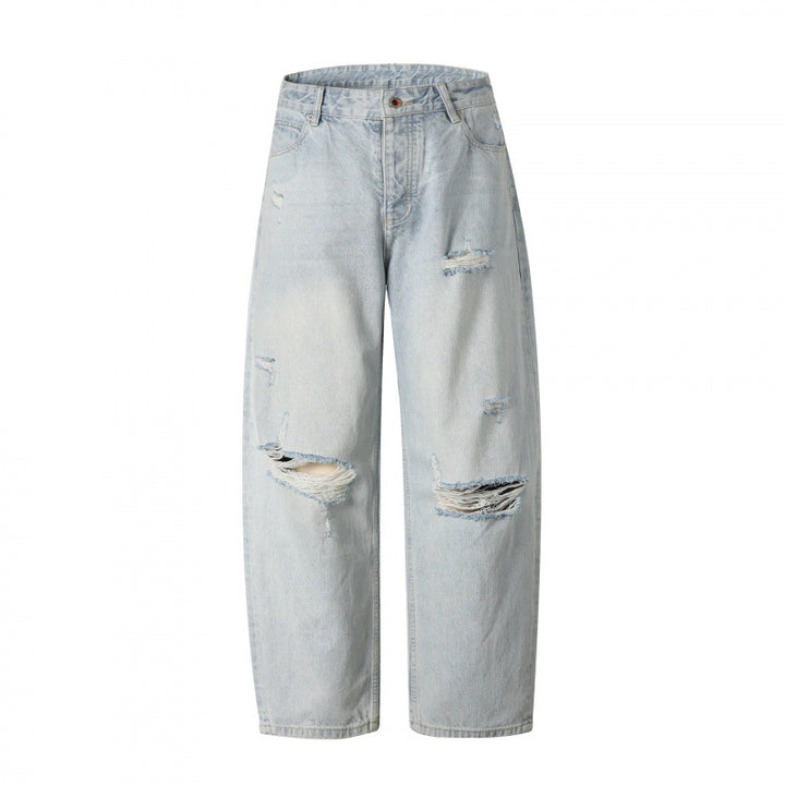 Ladies Baggy Denim Pants with High Waist, Destroyed Details and Straight Leg Mune Fashion