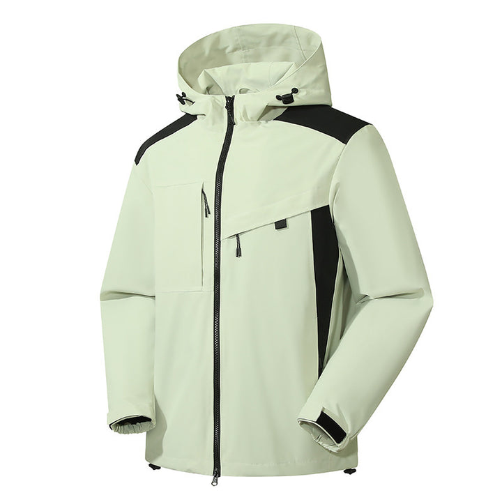 Men's wind and water-resistant softshell jacket with adjustable hood, two-way zipper, and asymmetrical chest pocket Mune Fashion