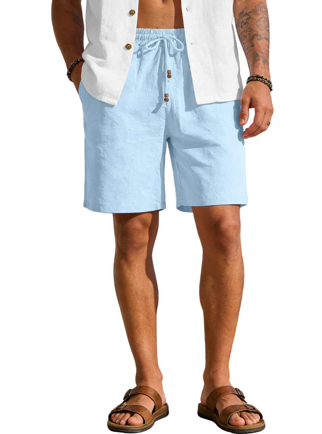 Men's lightweight beach Bermuda shorts made of linen blend with elastic waistband, drawstring and decorative button placket Mune Fashion