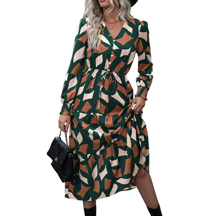 Women's Long Tiered Maxi Dress with Graphic Print, V-Neck, Drawstring Waist and Gathered Cuffs Mune Fashion