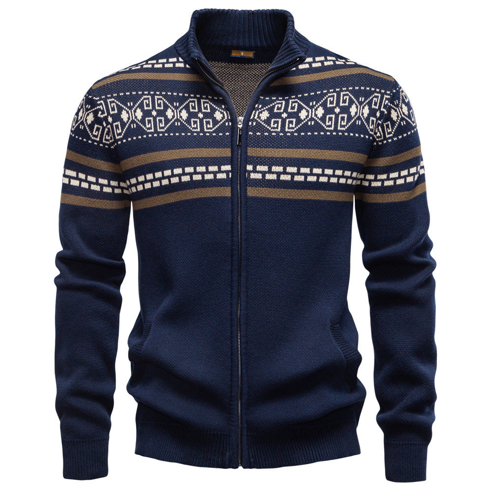 Men's knitted jacket with full zipper, stand-up collar and Nordic geometric intarsia pattern Mune Fashion