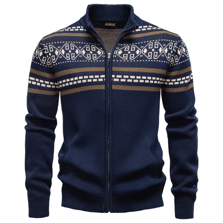 Men's knitted jacket with full zipper, stand-up collar and Nordic geometric intarsia pattern Mune Fashion