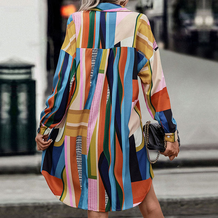 Women's shirt dress with graphic block stripes, fitted belt & continuous button placket Mune Fashion