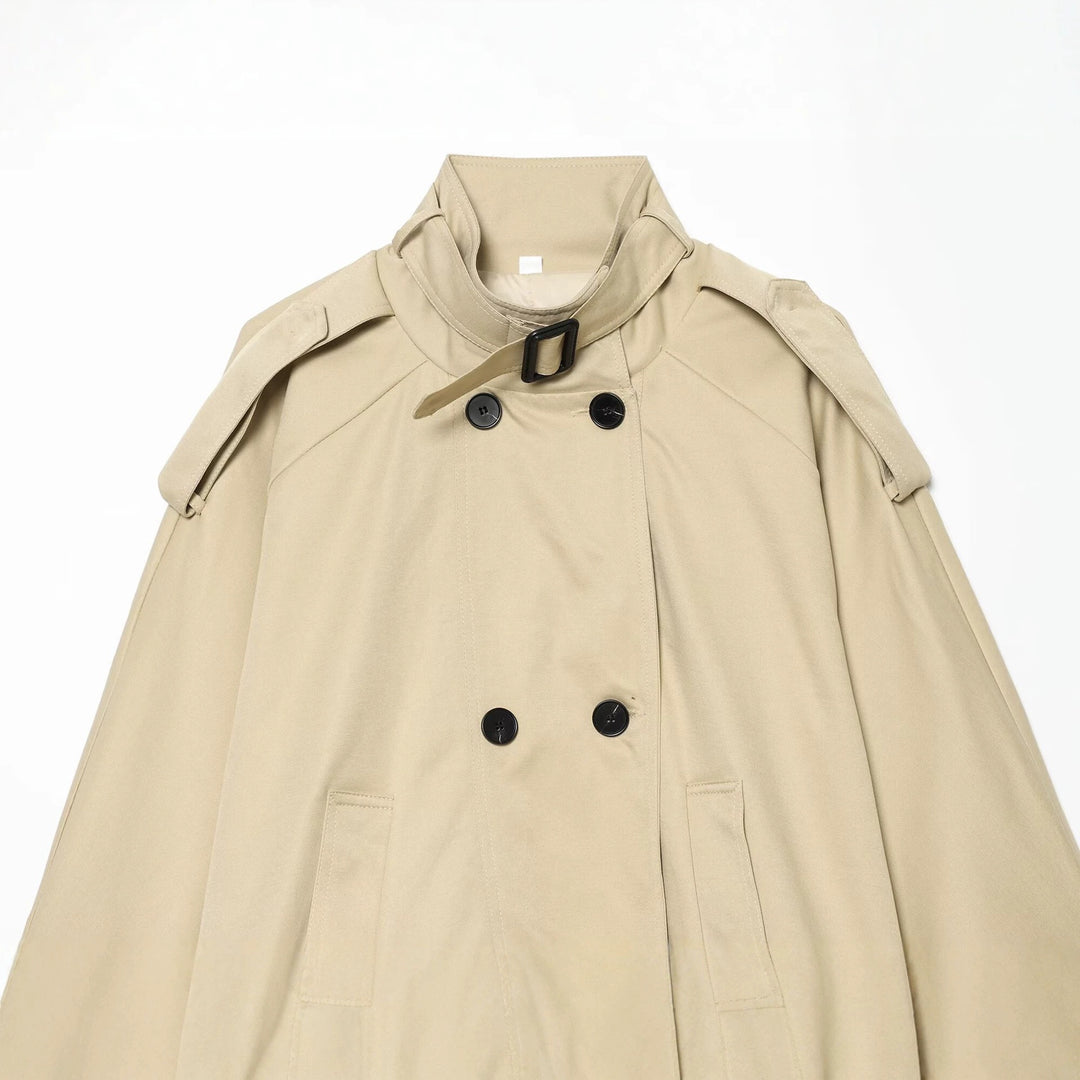 Ladies Short Trench Cape with Stand-up Collar, Shoulder Epaulettes and Double Button Placket Mune Fashion