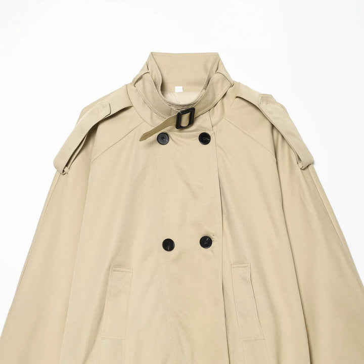 Ladies Short Trench Cape with Stand-up Collar, Shoulder Epaulettes and Double Button Placket Mune Fashion