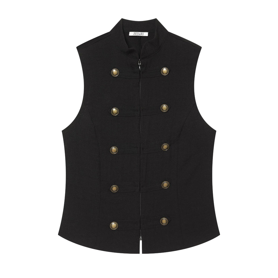 Women's fitted sleeveless military vest with stand-up collar and decorative button placket Mune Fashion