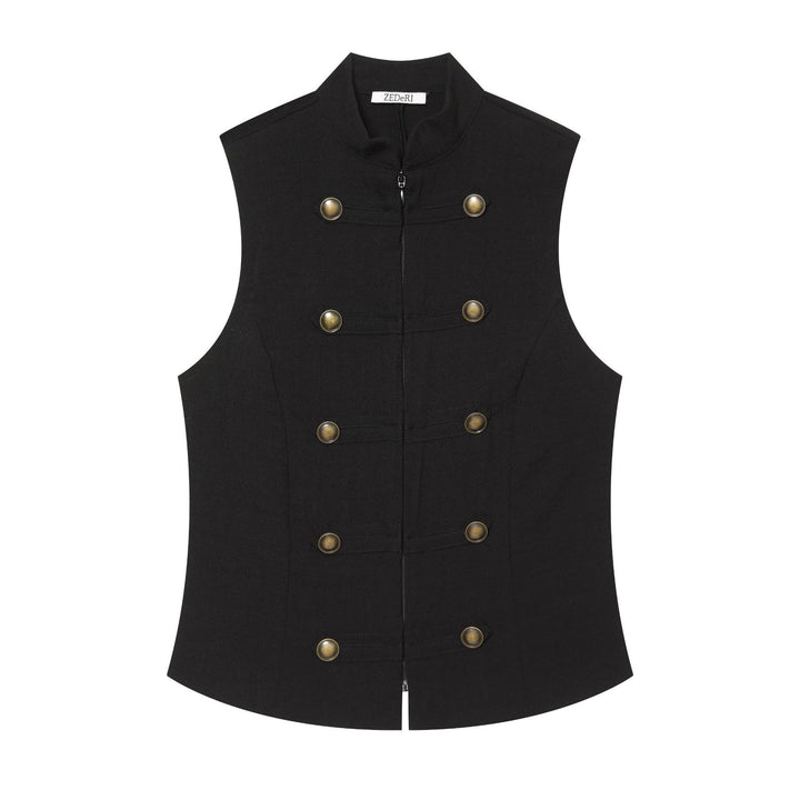 Women's fitted sleeveless military vest with stand-up collar and decorative button placket Mune Fashion