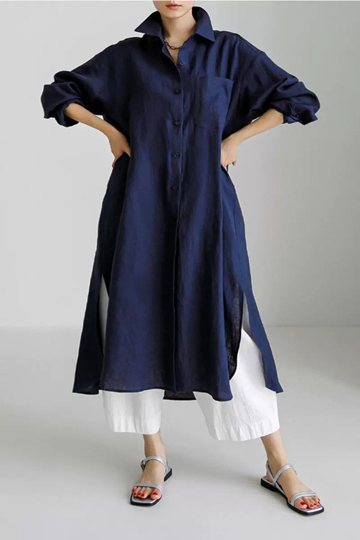 Women's Oversize Linen Maxi Dress with Stand Collar, Roll-Up Sleeves and High Side Slits Mune Fashion