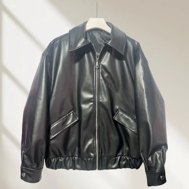 Women's Oversized Faux Leather Bomber Jacket with Zipper, Flap Pockets and Elastic Hem Mune Fashion