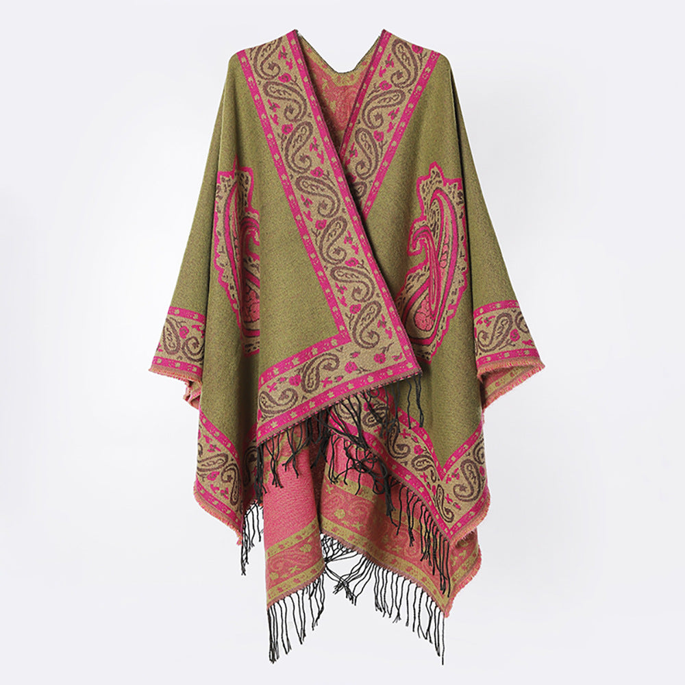 Women Soft Paisley-Jacquard Ruana Wrap with V-Neck and Fringes Mune Fashion