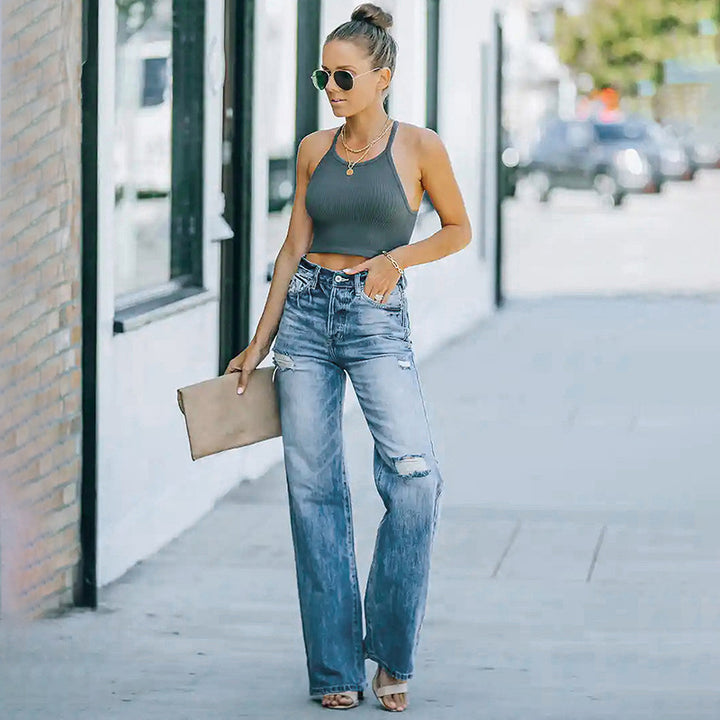 Women's High-Waisted Loose Straight-Leg Jeans with Destroyed Details Mune Fashion