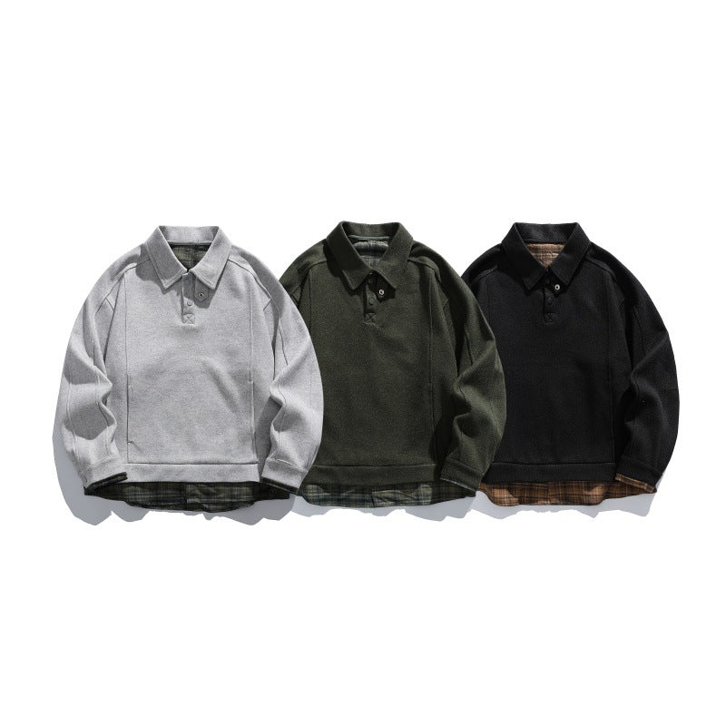 Men's Long-Sleeved Polo Sweatshirt with Kent Collar, Button Placket and Integrated Check Layer Mune Fashion