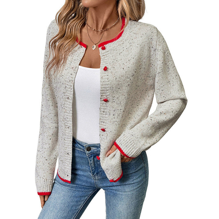 Women's Short Cut Boucle Cardigan with Contrast Cuffs and Decorative Heart Buttons Mune Fashion