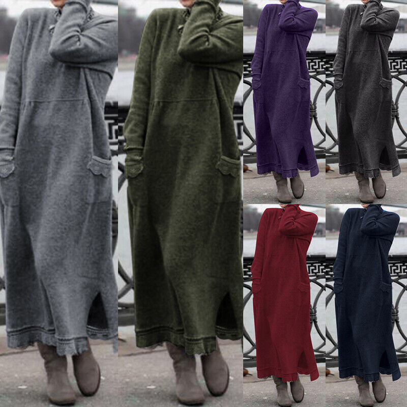 Women's long knit maxi dress with side slits and patch pockets Mune Fashion